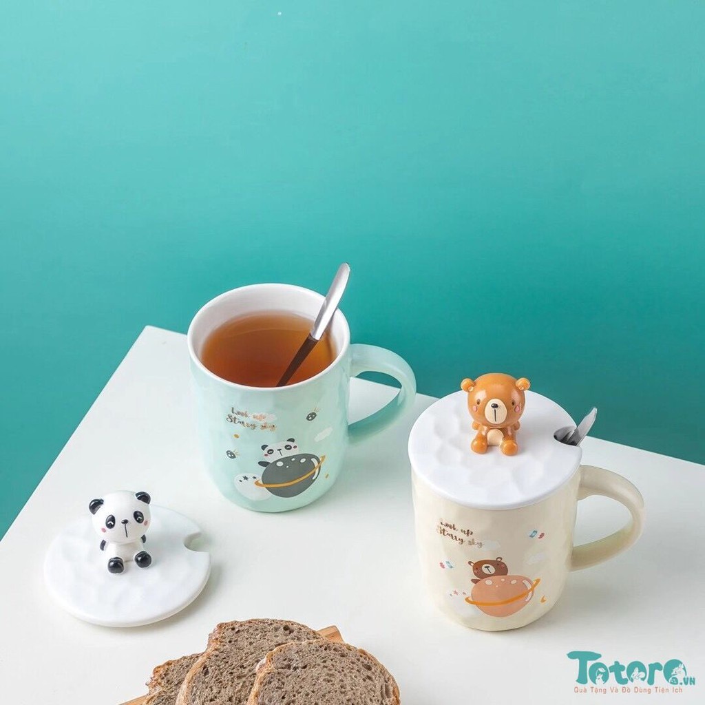 Ly cốc sứ Thú cưng Heo hồng - Gấu Bắc Cực - Bò Sữa Moo - Mèo Cat Tour kèm thìa dễ thương