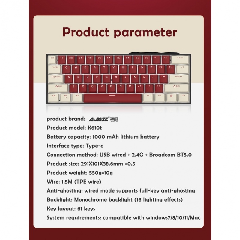 Ajazz K610T 61 phím Bàn phím cơ không dây Three-Mode Mini Wireless Gaming Mechanical Keyboard White Backlight Anti-ghosting Bluetooth Keyboard for PC