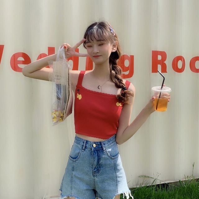 ☘️Ulzzang style☘️Áo Len Hai Dây Cherry☘️ Len Lạnh Mặc Hè☘️Hàng Quảng Châu