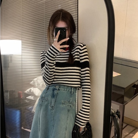 Áo len ZHELIHANGFEI thiết kế tay dài cổ tròn họa tiết kẻ sọc ngang thời trang dễ phối đồ cho nữ