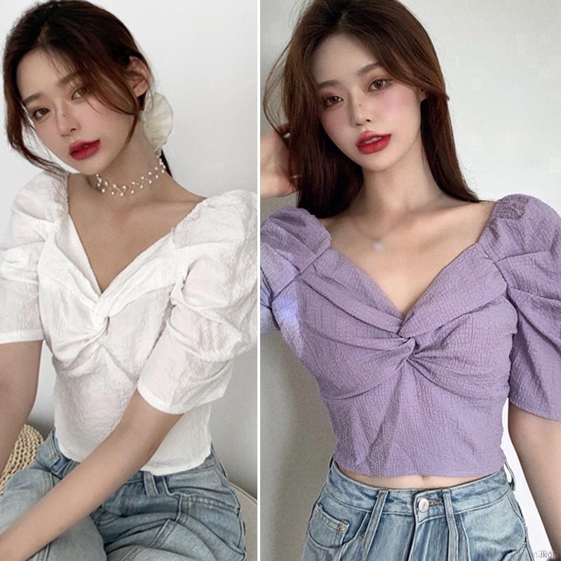 Áo Croptop Tay Ngắn Cổ Chữ V Màu Trơn Thiết Kế Quyến Rũ