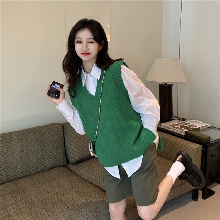 Set áo sơ mi+áo sát nách cổ chữ V phong cách Hàn Quốc trẻ trung cho nữ (có bán lẻ)