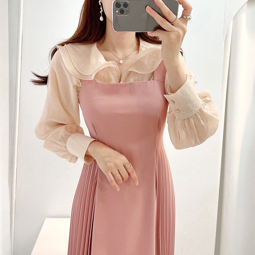 Áo Sơ Mi Dài Tay Thắt Dây / Váy Xếp Ly Màu Trơn Phong Cách Mới 45248