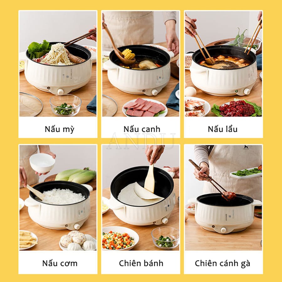 Nồi Lẩu Điện Shanban Công Suất 1000W , Nồi Điện Đa Năng Rán, Chiên, Xào Có Lớp Chống Dính Teflon Kèm Xửng Hấp Siêu