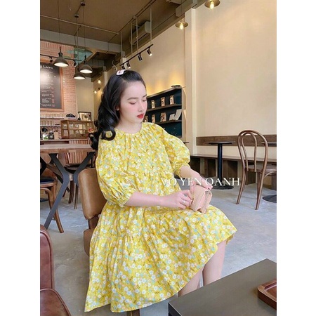 (Miên Phí Ship 2022) Đầm hoa nhí from babydoll,cổ tròn tay phồng dễ thương,tone vàng tinh tế tôn da,diện đi đâu cũng xin