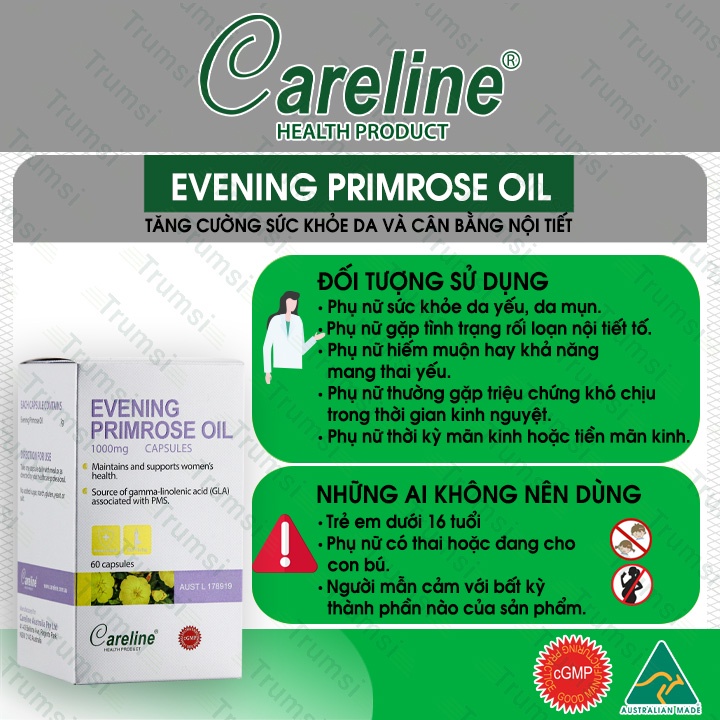 Viên uống tăng cường nội tiết tố nữ Careline Evening Primrose Oil 1000MG chiết xuất tinh dầu hoa anh thảo giúp đẹp da
