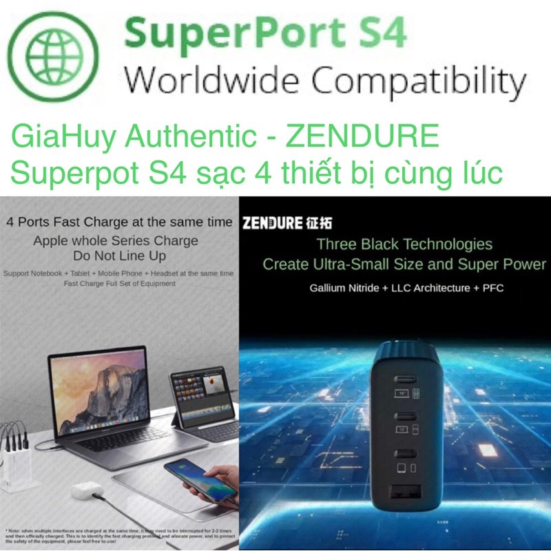 Củ sạc Macbook Pro 16, iPad Pro, iPhone 12, Note 20 Ultra 5G, S21 ZENDURE ZDS4P100PD SuperPort S4 100W GaN (3C-1A)