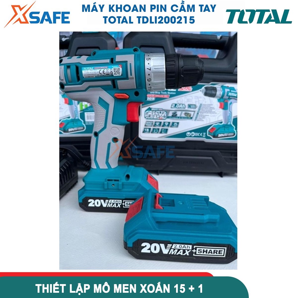 Máy khoan pin cầm tay 20V 10mm Total TDLI200215 hai tốc độ 400-1500rpm, lực mô men 45nm nhông cơ khí 2 tốc độ [Xsafe]