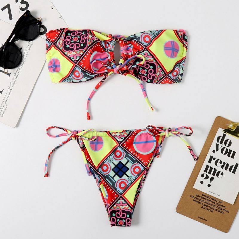 Bikini Kendall 2 Mảnh Quay Ngực Thổ Cẩm Sexy Quần Cạp Cao Nâu Tây