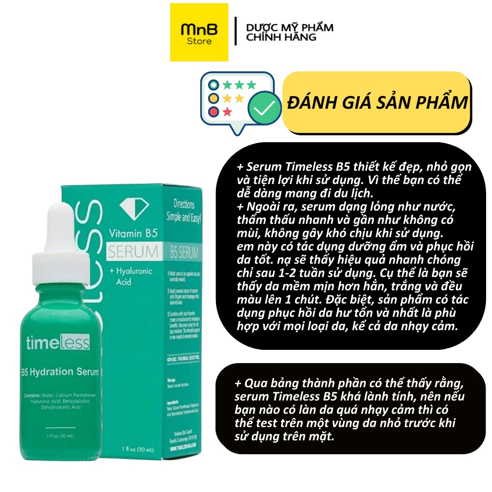 Tinh chất Dưỡng Ẩm Phục Hồi Làm Dịu Da Timeless Vitamin B5 Hydration Hyaluronic Acid Serum 30ml