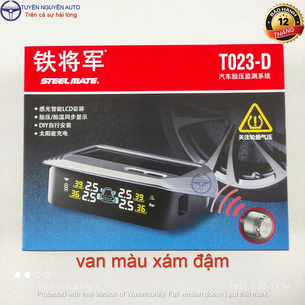 Cảm biến áp suất lốp Steelmate T023-D van ngoài màu xám dùng pin năng lượng mặt trời mẫu mới ren kim loại đồng