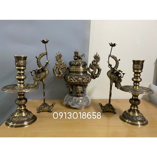 Bộ đỉnh thờ lư thờ bằng đồng nguyên chất cao 50cm bộ đỉnh thờ tam sự ngũ sự đỉnh hạc nến bằng đồng màu giả cổ.