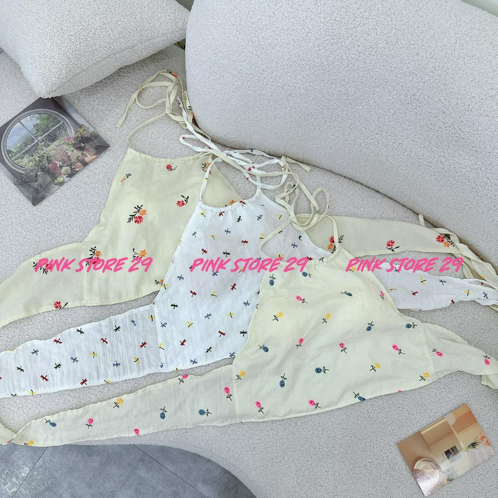Áo kiểu nữ cổ yếm PINKSTORE29 phối dây buộc lưng in hoa nhí dễ thương A5722
