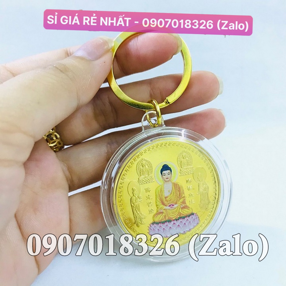 Xu Phật A Di Đà , Đồng xu làm bằng Niken mạ vàng In Màu, sáng bóng, tặng túi gấm đỏ