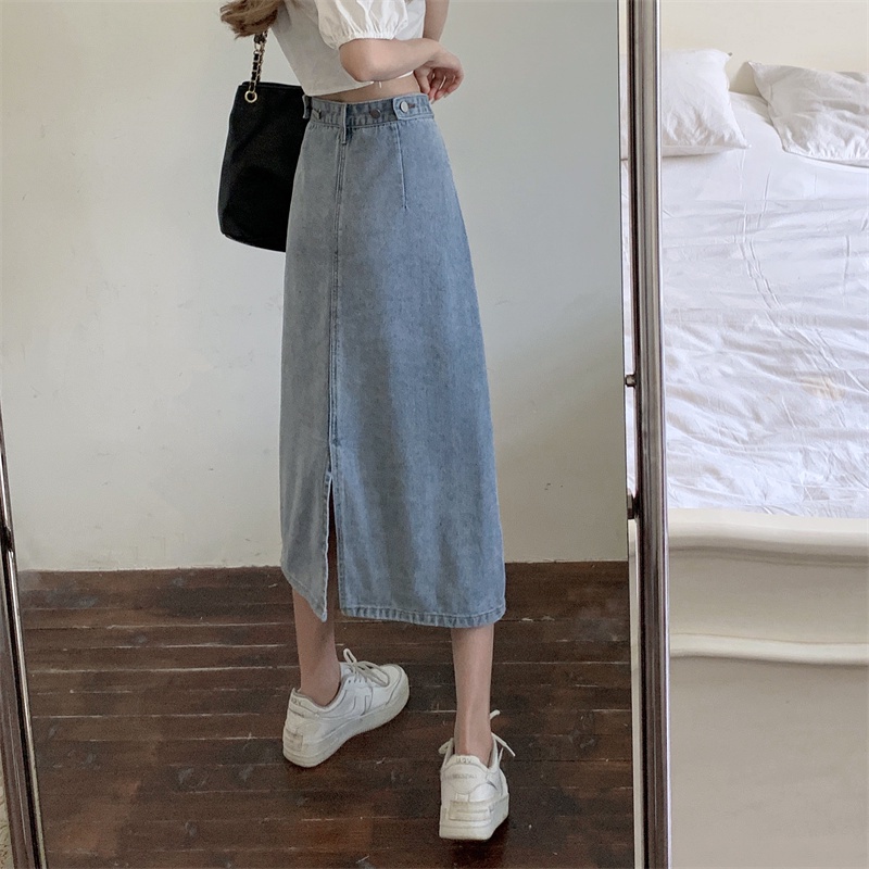 chân váy jean Lưng Cao Dáng Chữ A Thiết Kế Xẻ Tà Phong Cách Retro Cá Tính Cho Nữ - Hàng nhập khẩu