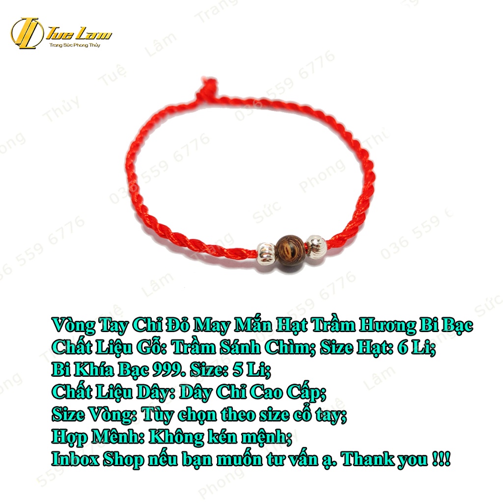 Vòng tay chỉ đỏ may mắn charm bi bạc mix hạt trầm hương sánh chìm bình an - Tuệ Lâm