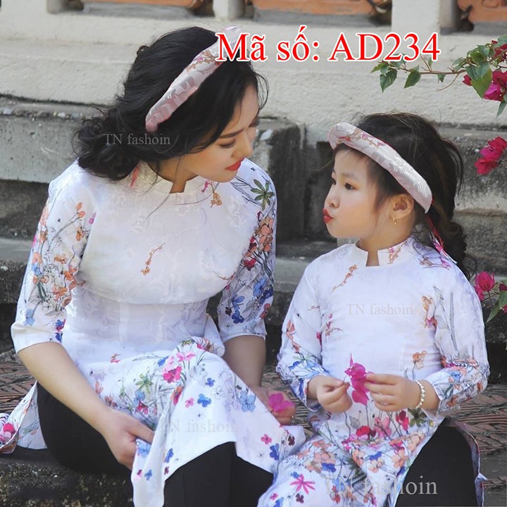 V⚡️ có big size 4XL ⚡️ AD234 Áo Dài Cách Tân GẤM MẸ VÀ BÉ cổ trụ nền trắng họa tiết hoa.