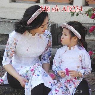 V⚡️ có big size 4XL ⚡️ AD234 Áo Dài Cách Tân GẤM MẸ VÀ BÉ cổ trụ nền trắng họa tiết hoa.
