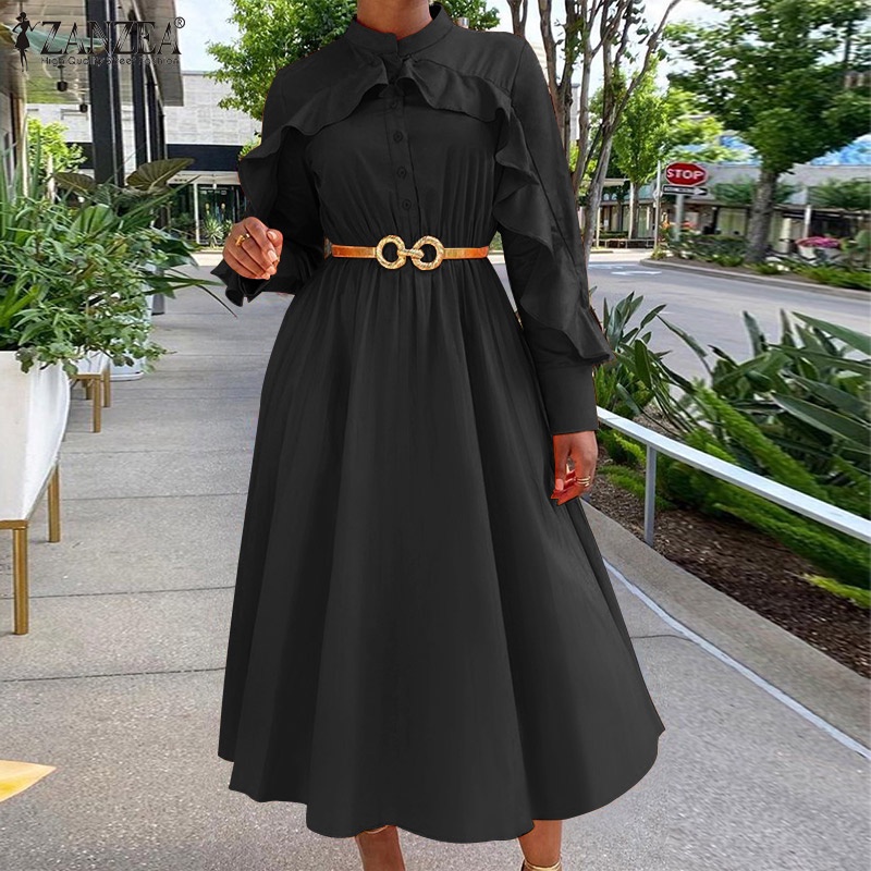 Zanzea Đầm Dài Tay Cổ Đứng Phối Bèo Và Thắt Lưng Phong Cách Châu Âu