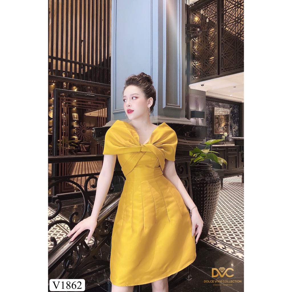 Váy vàng xòe trễ vai xoắn ngực V1862 - Đẹp Shop DVC (Kèm ảnh thật trải sàn do shop tự chụp)