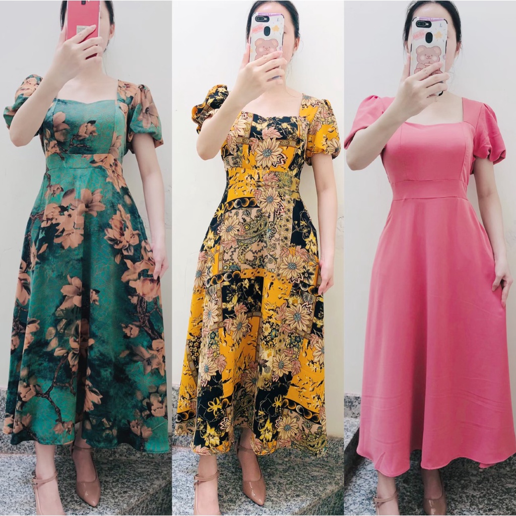 Đầm maxi cổ vuông tay bí dáng dài nhiều màu