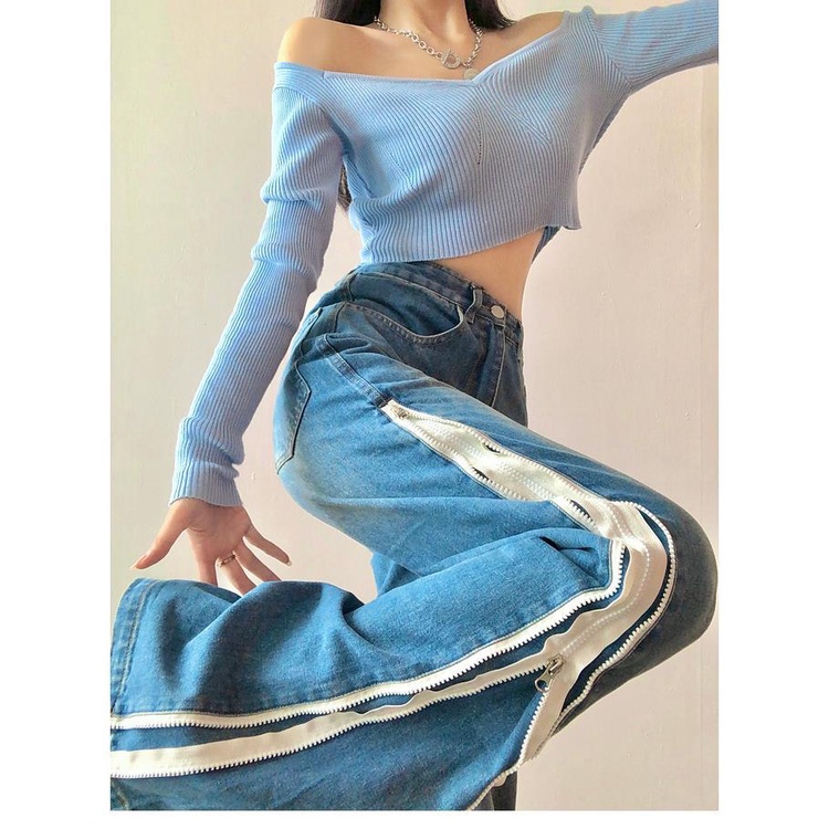 Quần jean ống rộng hai lớp khóa kéo bên hông phong cách đường phố thời trang cho nữ