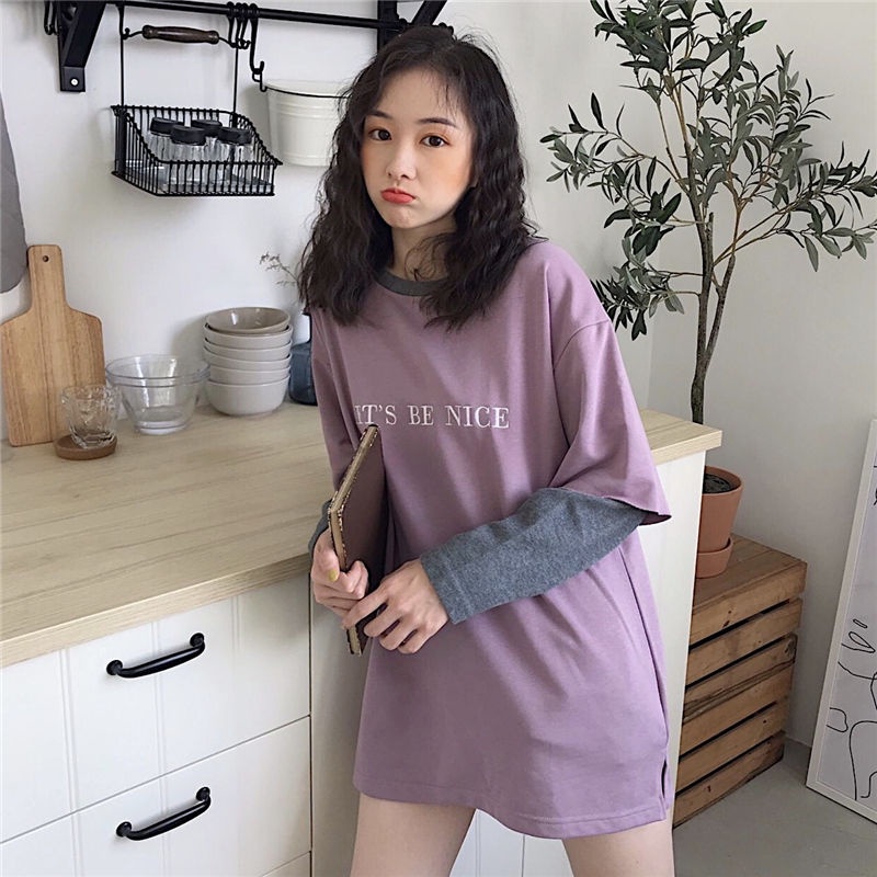 Áo Thun Tay Dài Giả Hai Lớp Dáng Rộng Phong Cách Hàn Quốc Thời Trang 2022 Cho Nữ