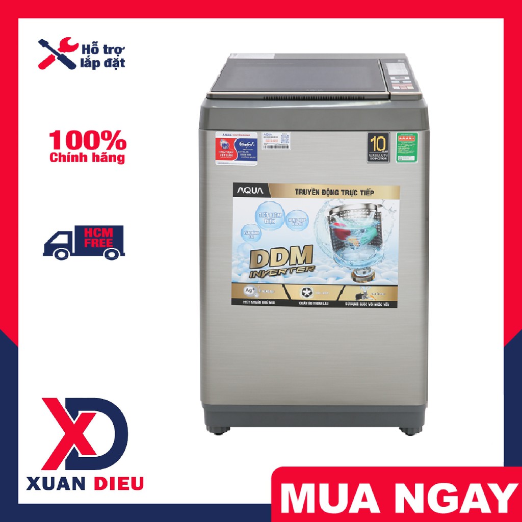 Máy giặt Aqua Inverter 9 Kg AQW-DK90CT(S) -Tự khởi động khi có điện, Vệ sinh lồng giặt, Vắt cực khô, giao miễn phí HCM