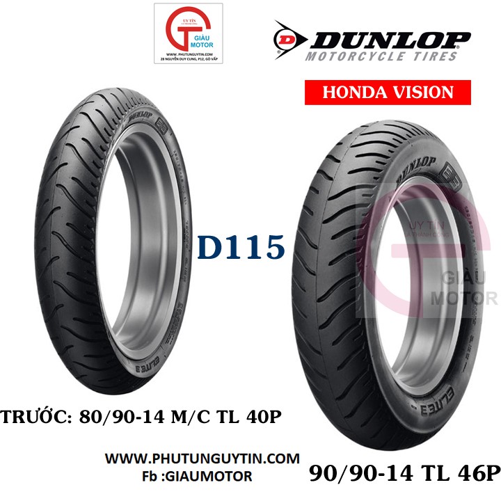 Combo cặp vỏ Dunlop 80.90-14 D115 & 90.90-14 không ruột cho xe AirBlade, AB, Click, Vision, Sky drive, Address, Joyride