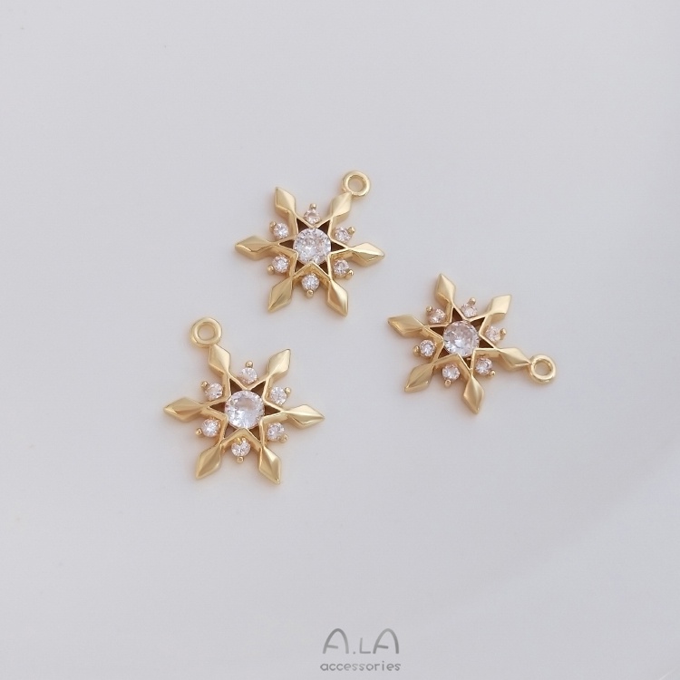 █A.ιA゜14K Vàng●1 Miếng° Màu Sắc Mặt Dây Chuyền Mạ Vàng 14K Hình Hoa Tuyết Đính Đá Zircon Phong Cách Cổ Điển