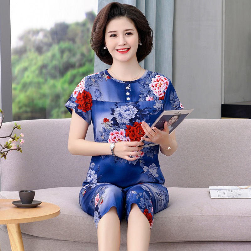 giá rẻ đẹpĐồ mặc nhà bằng lụa cotton cỡ lớn cho người trung niên và già, ngủ dành mẹ, bộ hai mảnh rayon ngắn tay