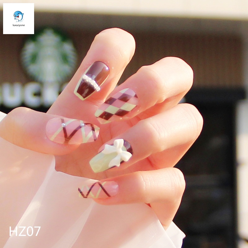 Bộ 24 Móng Tay Giả Thắt Nơ Có Thể Tháo Rời Màu Hồng/Đen/Dye