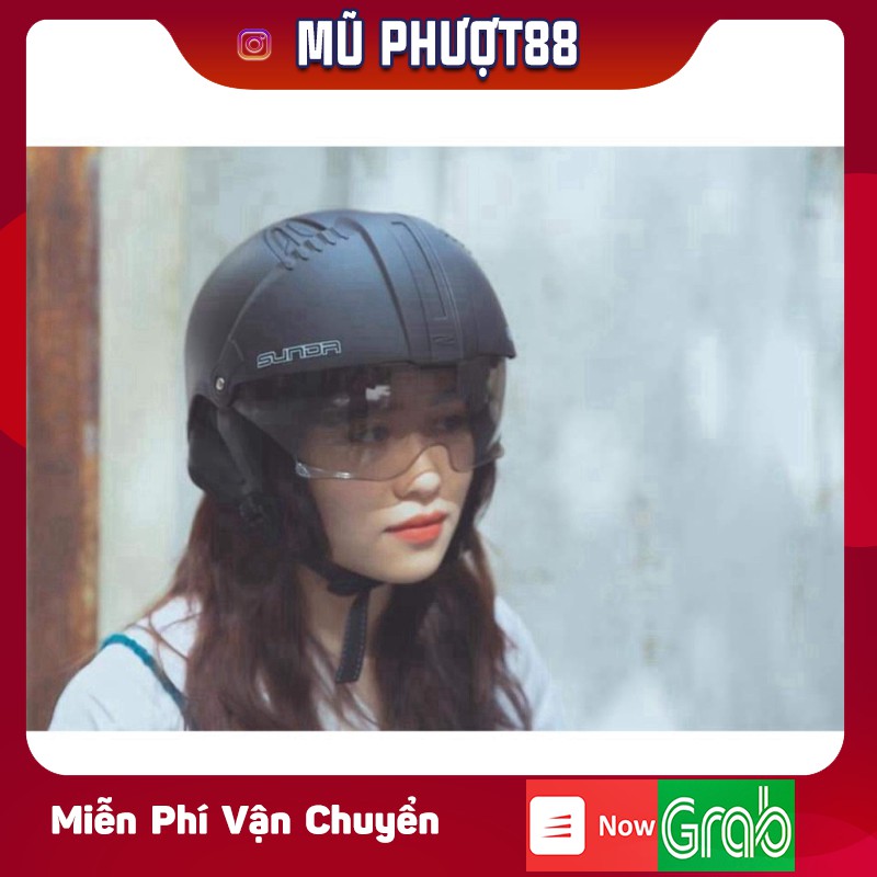 Mũ bảo hiểm nửa đầu SUNDA 135D đen nhám, mũ nửa đầu giấu kính tháo lót tiện lợi thời trang clip thật