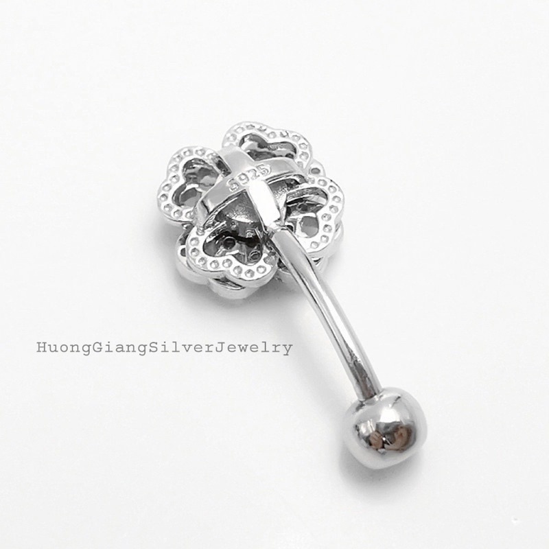 Khuyên rốn cỏ 4 lá xoay Bạc s925 xi kim  - HuongGiangSilver