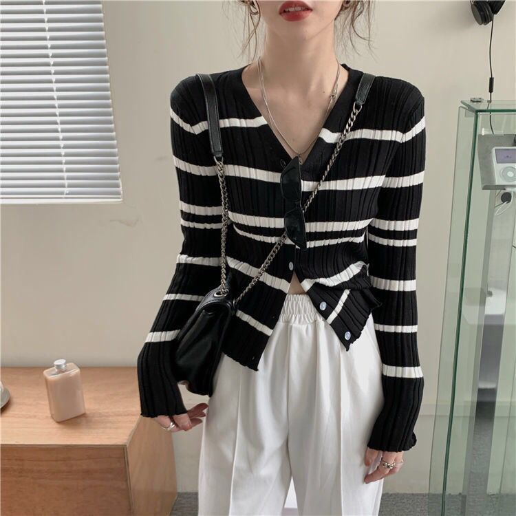 Áo cardigan dệt kim tay dài ôm dáng vừa vặn cổ chữ V họa tiết kẻ sọc thời trang dành cho nữ