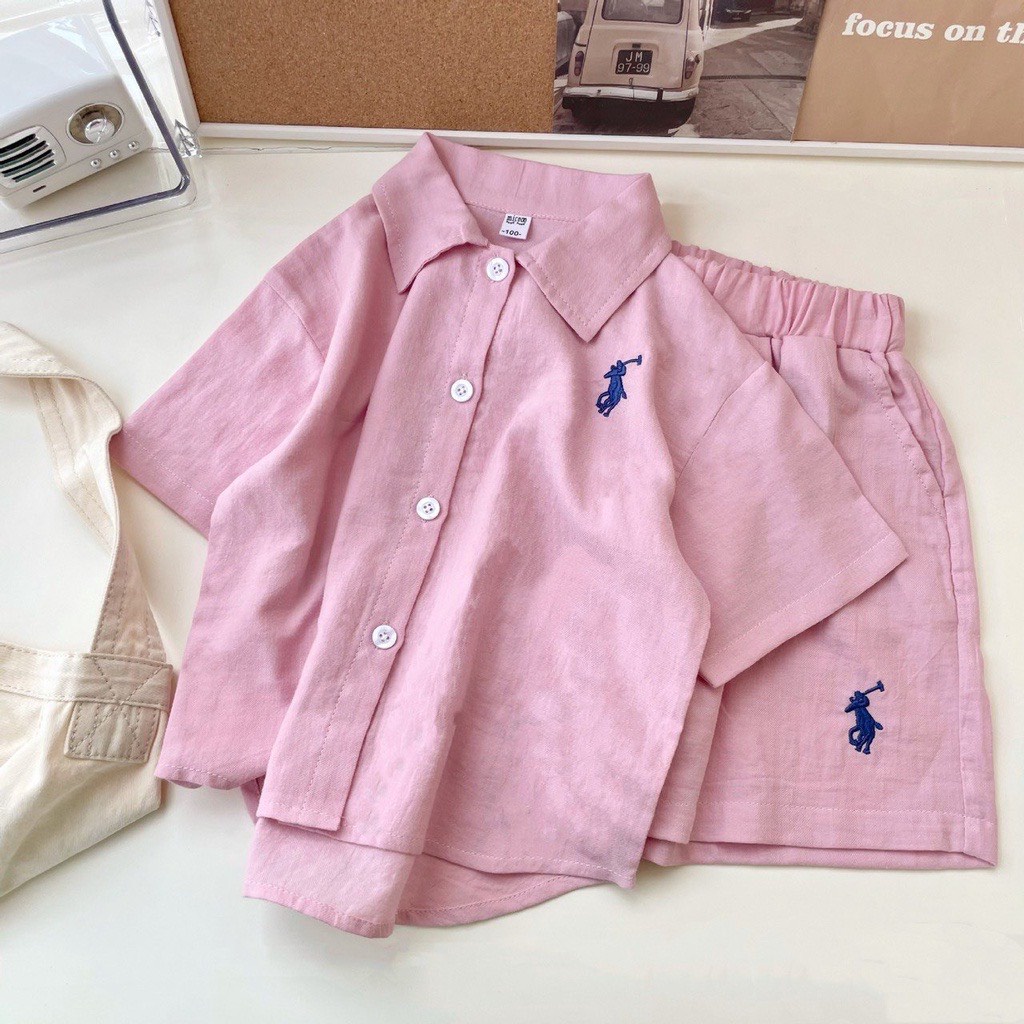 Bộ Quần Đùi Áo Sơ Mi Trẻ Em Cho Bé Trai Và Bé Gái Chất Liệu Vải Đũi Mềm Mịn Thoáng Mát Ken Store