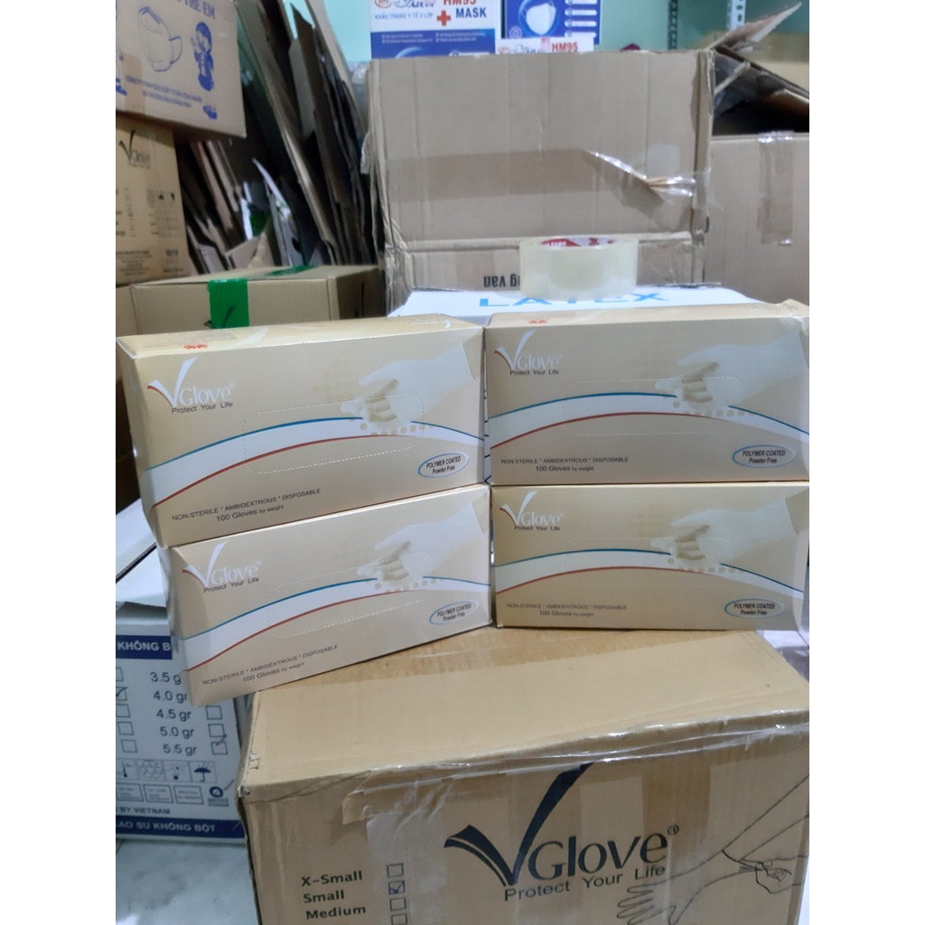 1 thùng 10 hộp Găng tay y tế không bột Vglove Khải Hoàn phủ Polymer 5.4g 24cm - 100 cái/hộp - hộp/50 đôi , XS,S,M,L