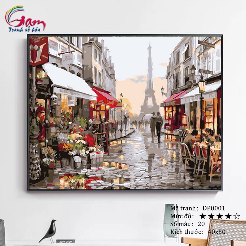 Tranh tự vẽ tự tô màu theo số sơn dầu số hóa Gam phong cảnh phố hoa Paris tháp Eifel DP0001