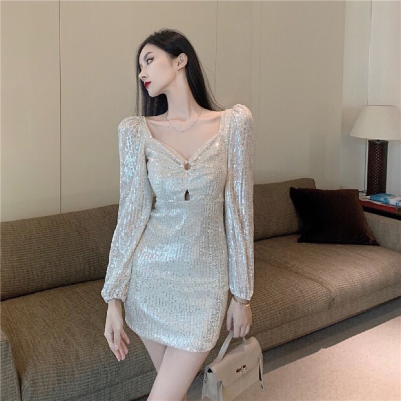 Đầm body ôm đính kim sa lấp lánh, đầm trễ vai gợi cảm