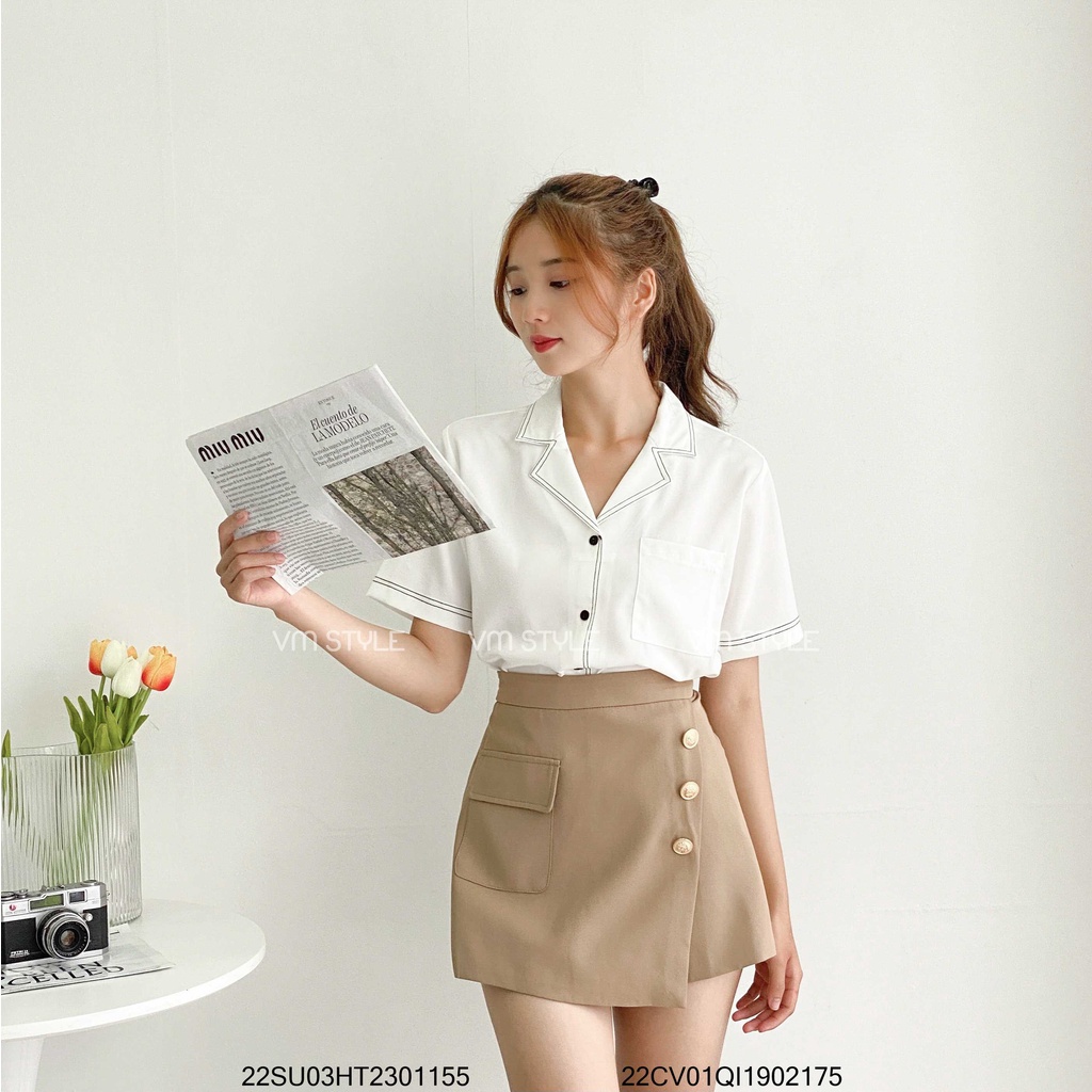 Áo sơ mi nữ VMSTYLE tay ngắn cổ vest viền chỉ nổi 01514 SMU00007