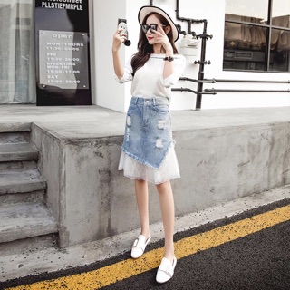 Chân váy bò pha ren (sẵn sz S)