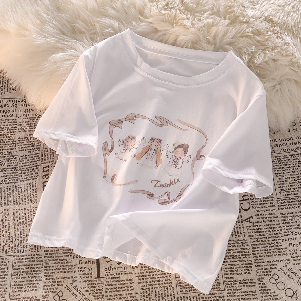 NUZIRO  Áo thun  tay ngắn cổ tròn in hình thiên thần nhỏ dễ thương thời trang cho nữ