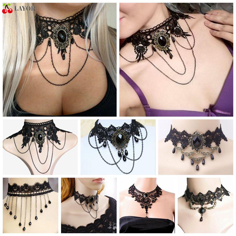 Vòng Cổ Choker Bằng Ren Màu Đen Xỏ Hạt Phong Cách Steampunk Cổ Điển Gợi Cảm Cho Nữ