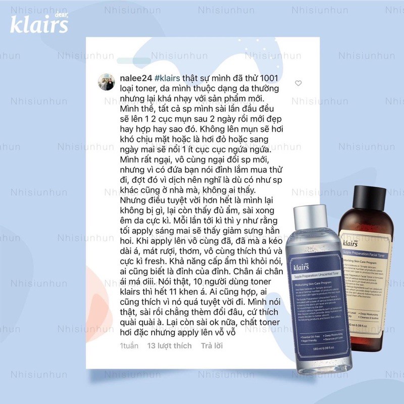 Nước hoa hồng Klairs Supple Preparation Facial Toner và Supple Preparation Unscented Toner