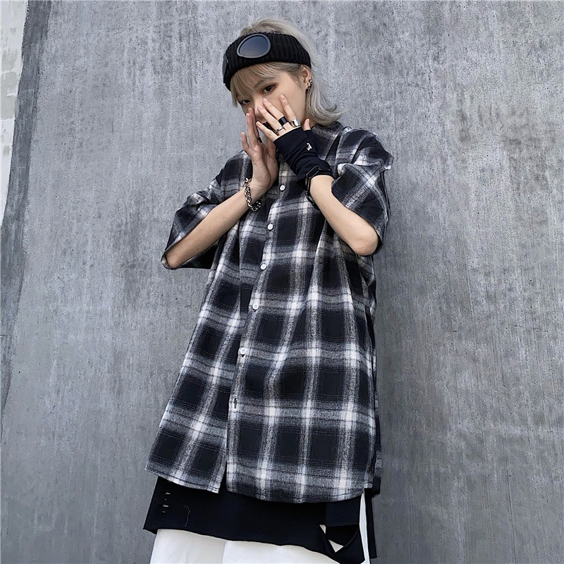 Sơ mi kẻ caro cộc tay unisex hoa cúc