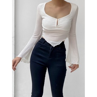 Áo croptop thun gân tay loe