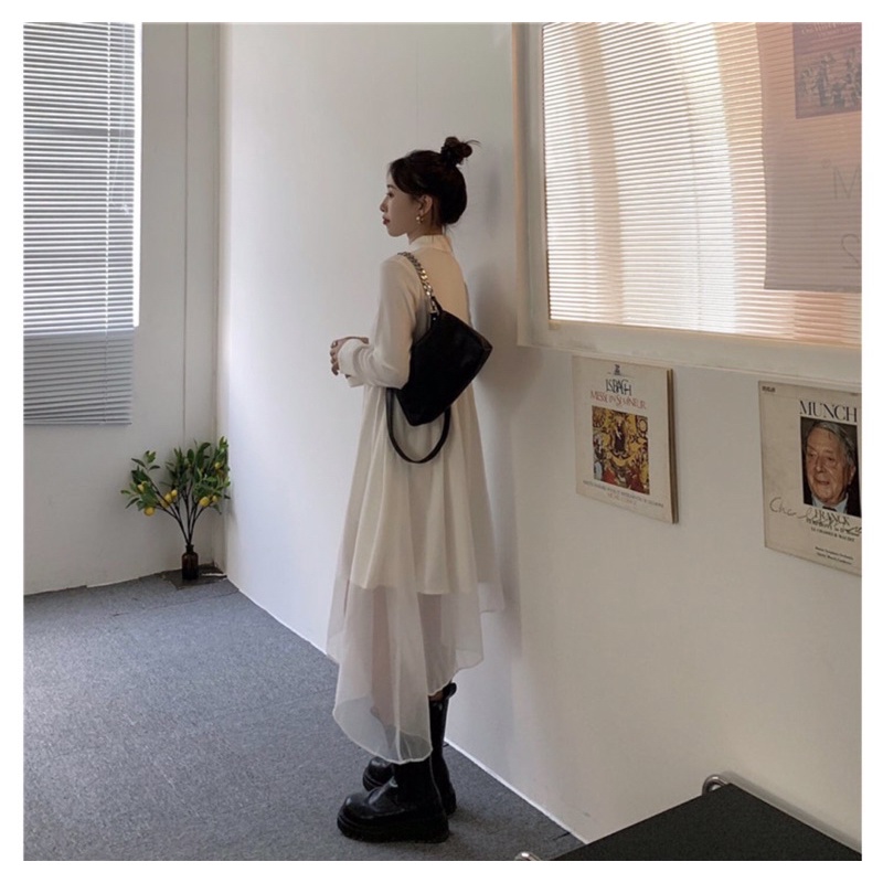 Set Váy Sơmi Trắng Tay Dài + Gile Đen Cột Dây Cá Tính