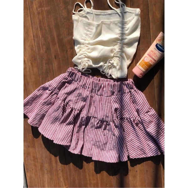 Chân váy xoè lolita hai tầng kẻ sọc lưng thun có quần bảo hộ xinh xắn