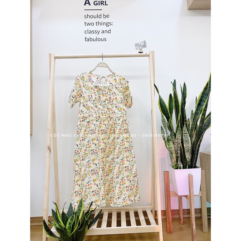 Váy Babydoll Hoa Nhí Vintage Cổ Vuông Xếp Ly Ngực