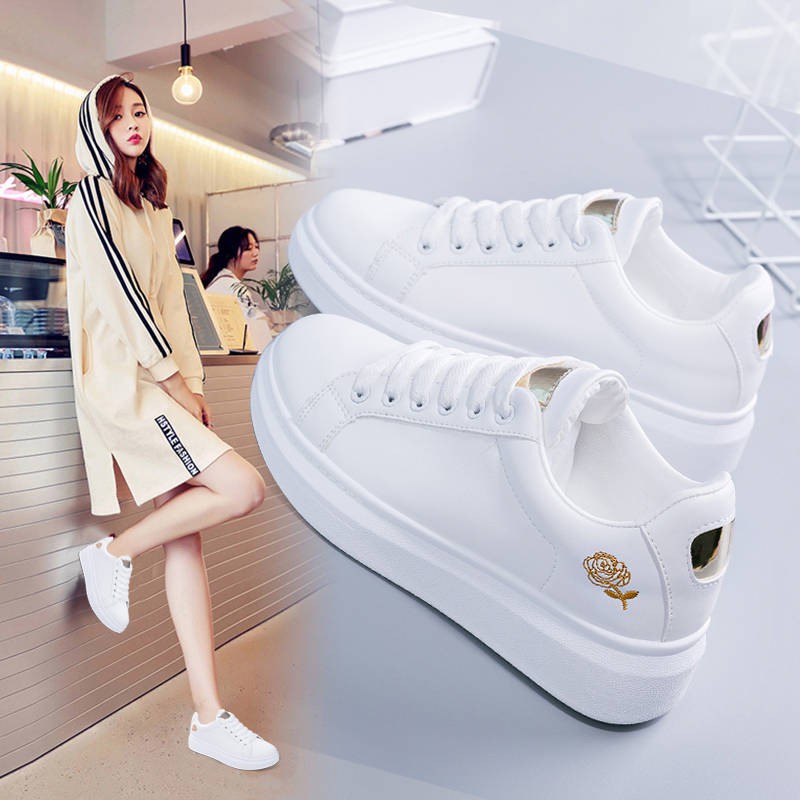 Giày Thể Thao Đế Dày Thời Trang Năng Động❤️Quà Tặng Wenqing👍Giày Thể Thao Bằng Da Thêu Hoa Hồng Phong Cách Hàn Quốc Dành Cho Nữ